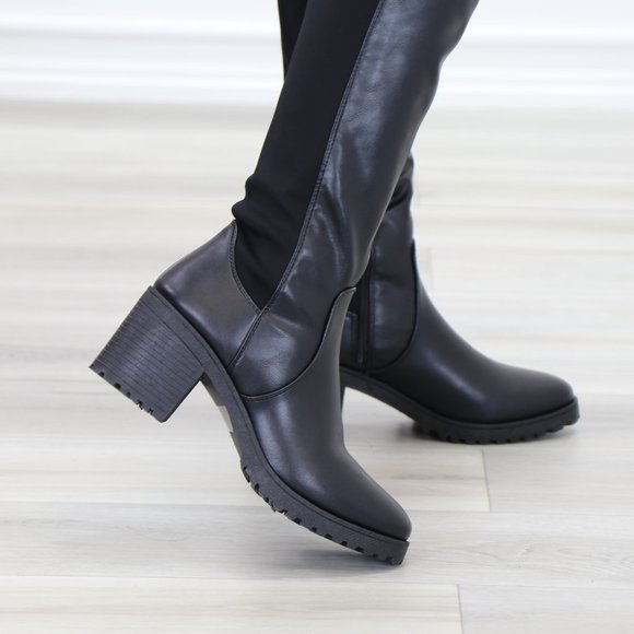 Black Over The Knee Boot Chunky Lug Heel Faux Dual Leather And Stretchy Material - Picture 7 of 15